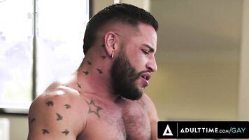 ADULT TIME - Hot Daddy Bear Brings Tattooed Beefcake Home to Fuck With Husband - FIRST TIME TOPPING!
