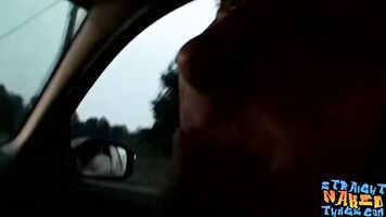 Straight thuggish dude stroking dick publicly in car