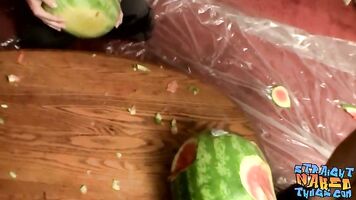 Straight inked guys fuck watermelons until cumming