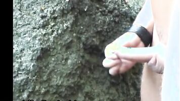 Smooth Chested Amateur Jerks Off His Small Penis Outdoors By Waterfall