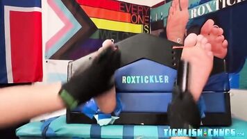 Bound fat guy endures tickling torment