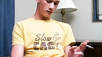 Skinny cigar smoker plays with his hairy cock and cums