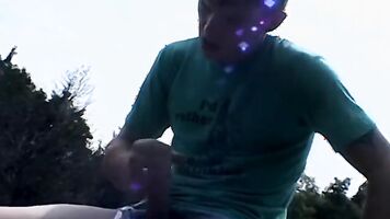 Lusty twink fuckers masturbate together and smoke outdoors
