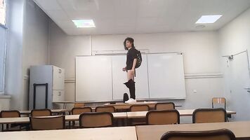 Cum at school, this horny student twink wanks his smooth cock and squirts jizz riskyly at school in a classroom on classmate desk, Jon Arteen jerks off at university, making a hot solo gay porn video